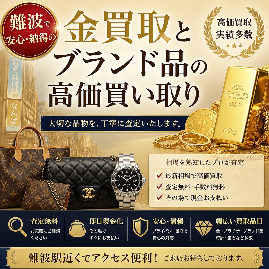 難波で安心・納得いく金買取とブランド品の高価買い取り